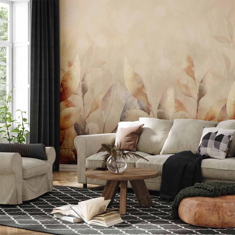 Wall Mural Orchard - beige landscape of nature with composition of plants and golden elements