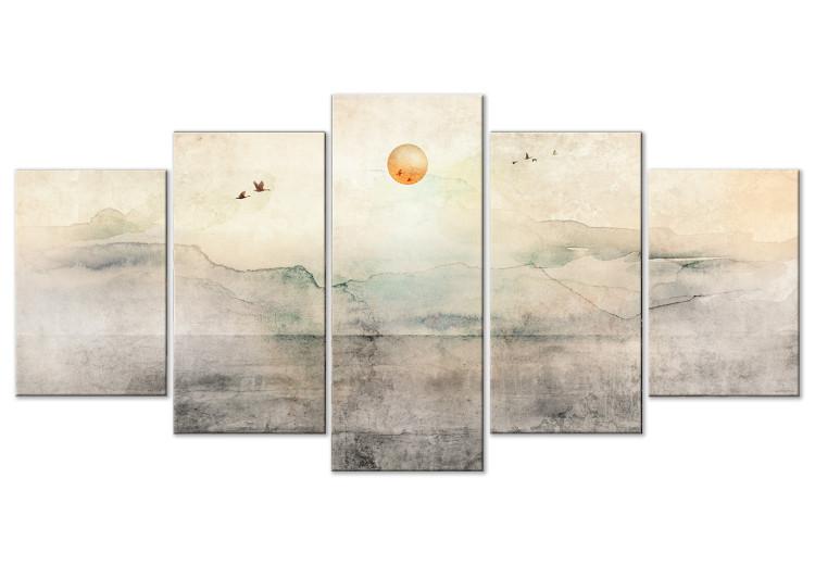 Canvas Silent Departure (5-piece) Wide - landscape with sun against mountains