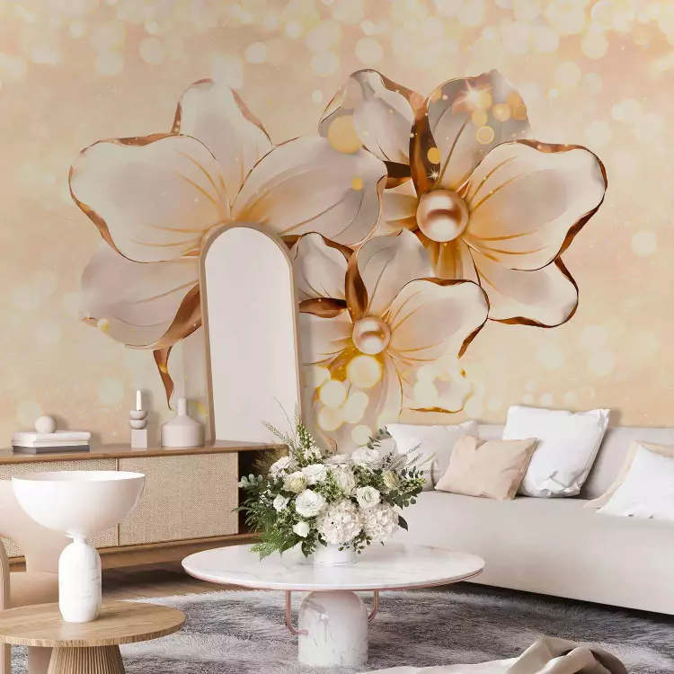 Wall Mural Star beauties - abstract with flowers and a pearl and sparkle effect