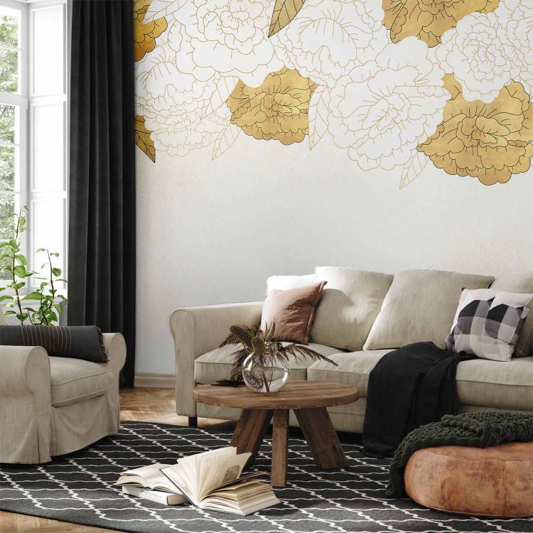 Wall Mural Plants in white - landscape with peony flowers and gold elements