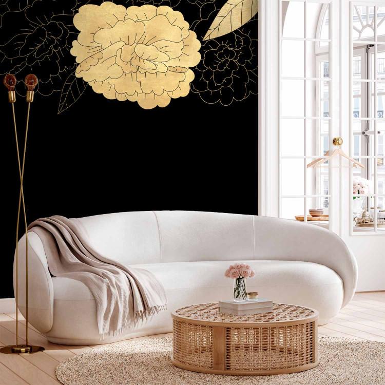 Wall Mural Plants in black - landscape with peony flowers and golden elements