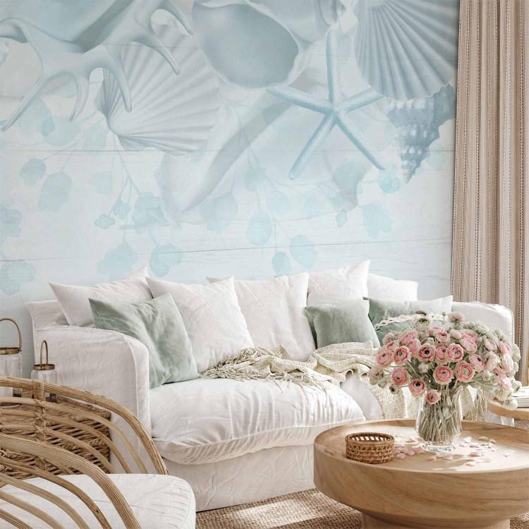Wall Mural Shells on the beach - landscape in shades of blue with motif of the sea and the beach