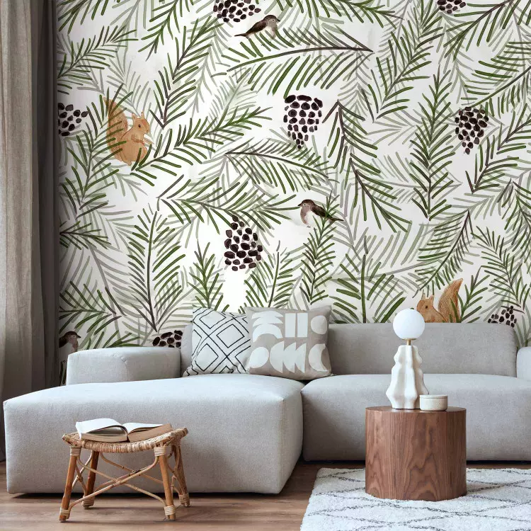 Wall Mural Forest motif - landscape with forest animals and trees on a white background