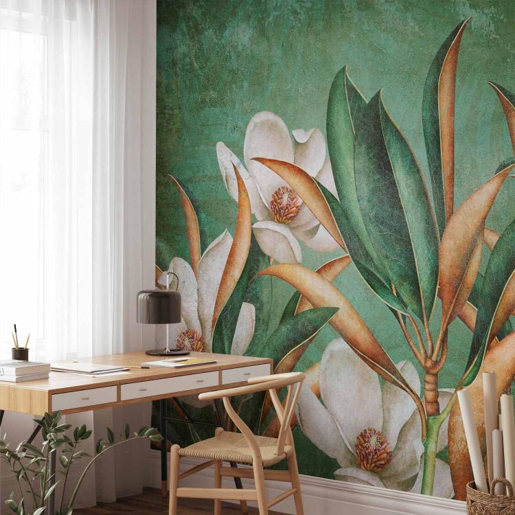 Wall Mural Wild nature - white flowers on a green background in cool tones