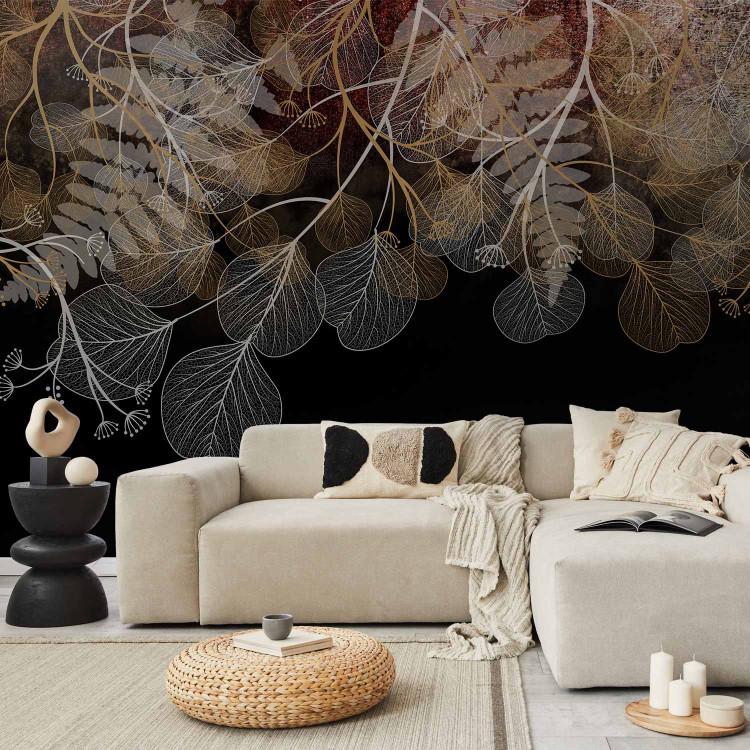 Wall Mural Delicate boho - landscape with a composition of leaves and flowers on a black background