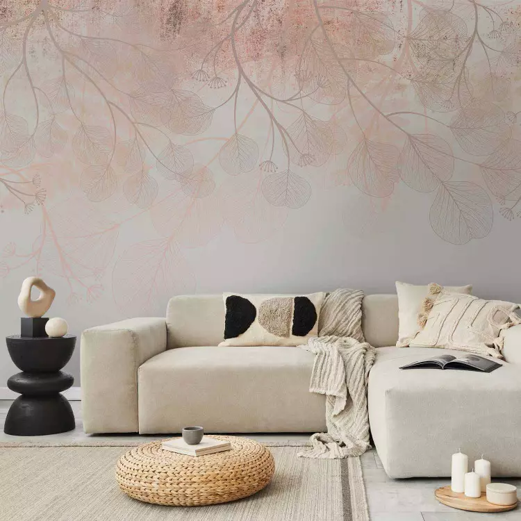 Wall Mural Delicate boho - landscape with composition of flowers and leaves in shades of pink