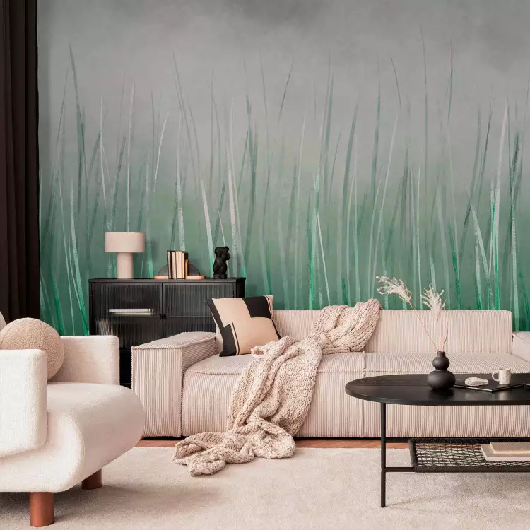Wall Mural Tall grass - landscape with painted meadow effect against a grey sky