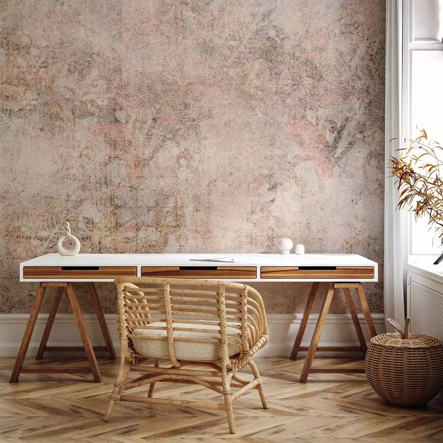 Wall Mural Mosaic - fragments of powder ornaments on a background of concrete texture