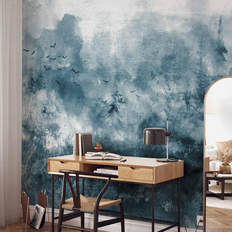 Wall Mural Journey - blue landscape with birds on a textured background with painted effect