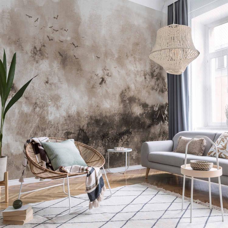Wall Mural Journey - beige textured landscape with birds with painting effect texture