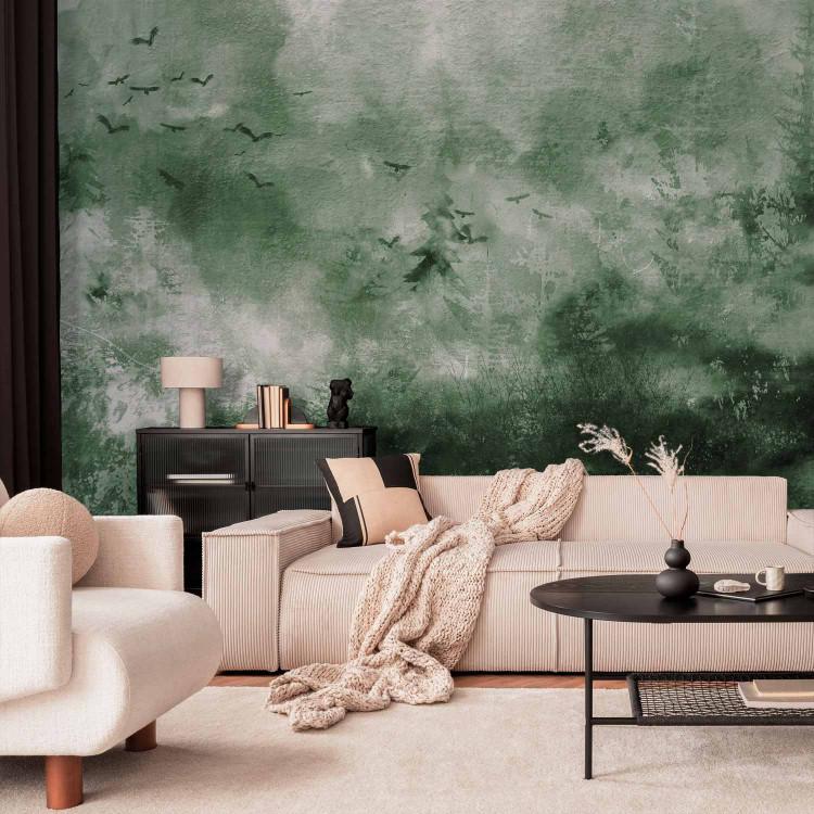 Wall Mural Journey - green textured landscape with birds with painting effect texture