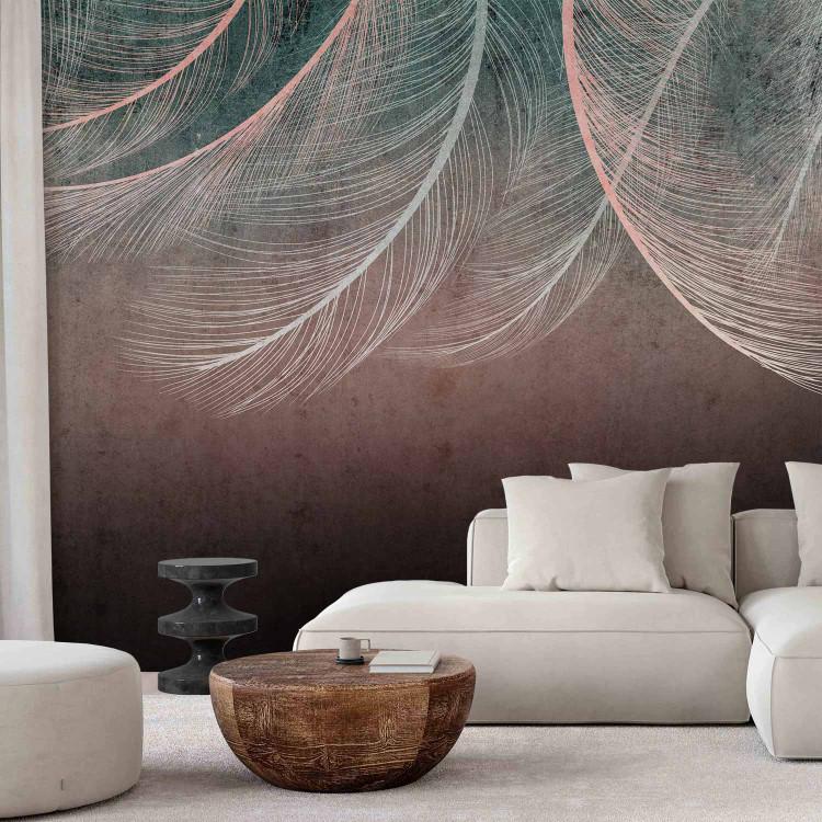 Wall Mural Natural veil - landscape of nature with a composition of feathers on a brown background