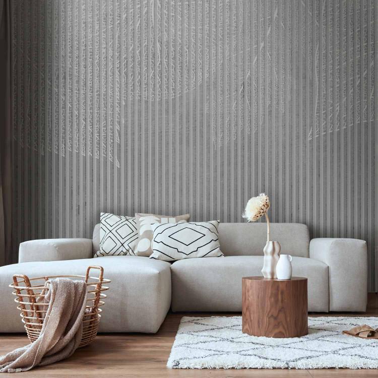 Wall Mural Striped leaves - white leaf pattern on grey background with stripes
