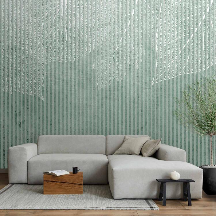 Wall Mural Striped leaves - white leaf pattern on green background with stripes