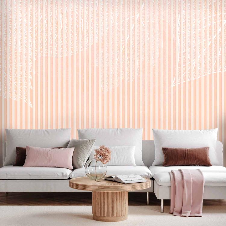 Wall Mural Striped leaves - white leaf pattern on pink background with stripes