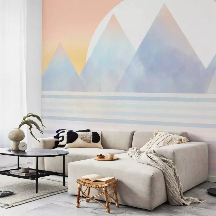 Wall Mural Mountain landscape - abstract with mountains and a lake on a sunset background