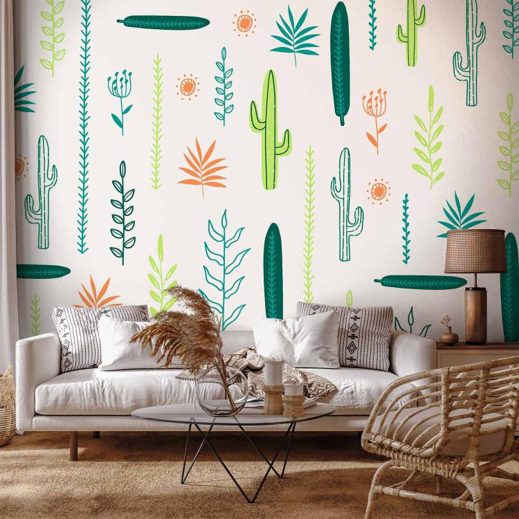 Wall Mural Floristic motif - landscape with drawings of leaves and flowers on a white background