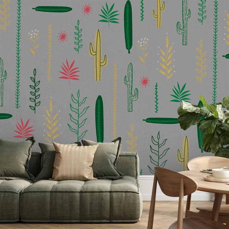 Wall Mural Floristic motif - landscape with drawings of leaves and flowers on a grey background