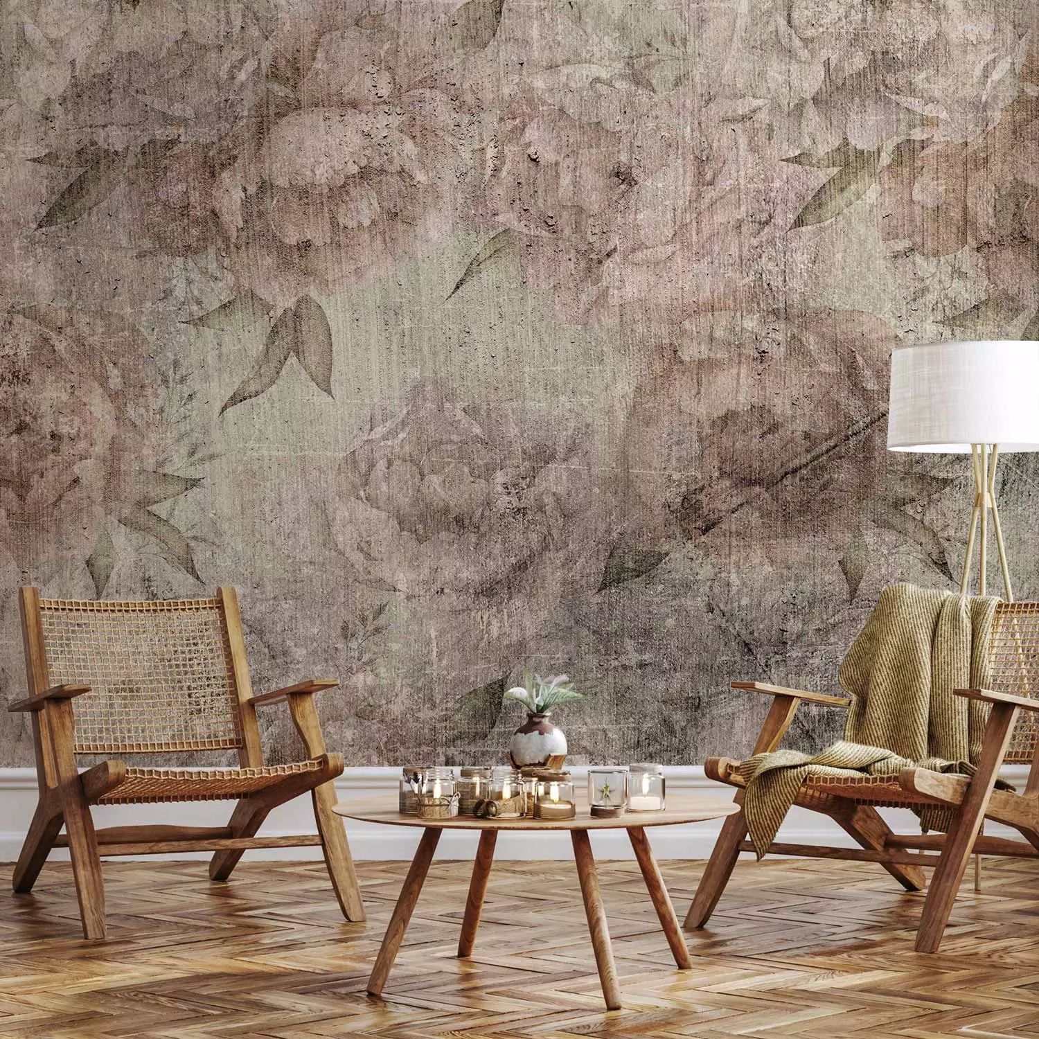 Wall Mural Venetian peonies - flowers on a background with a vintage effect of destruction