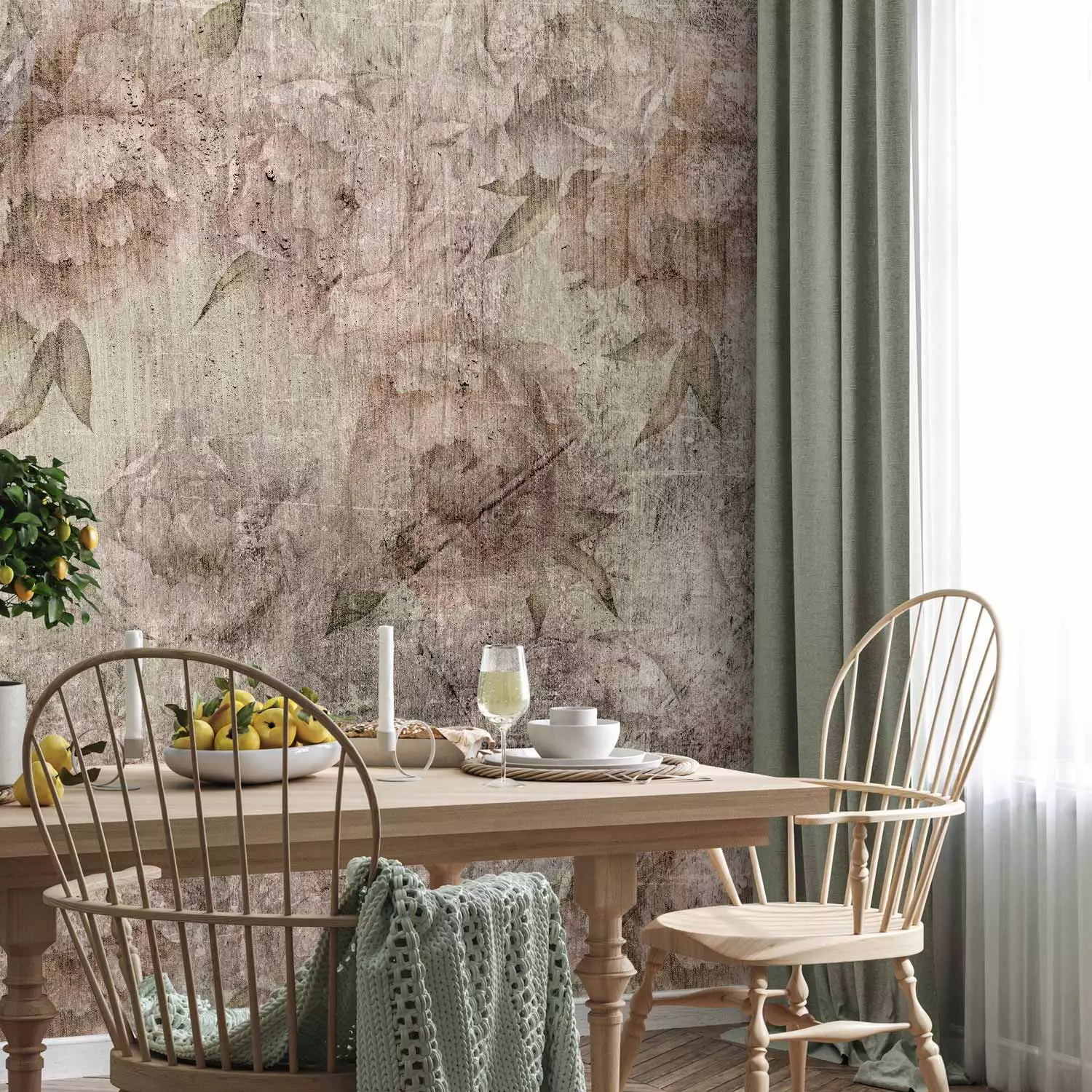 Wall Mural Venetian peonies - flowers on a background with a vintage effect of destruction