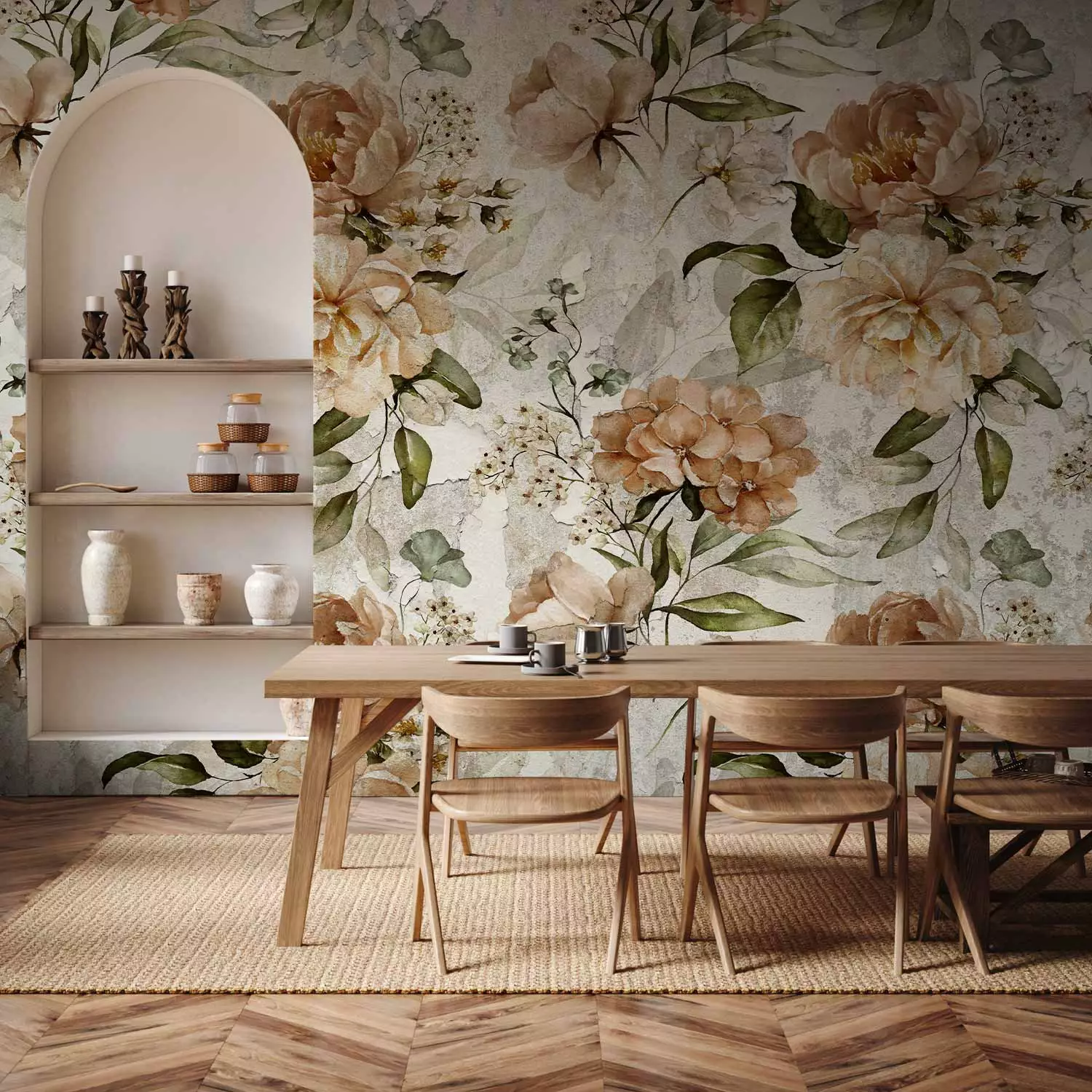 Photo Wallpaper Plants in retro style - flower motif in shades of pink on a  light background - bimago, image size:1500x1500