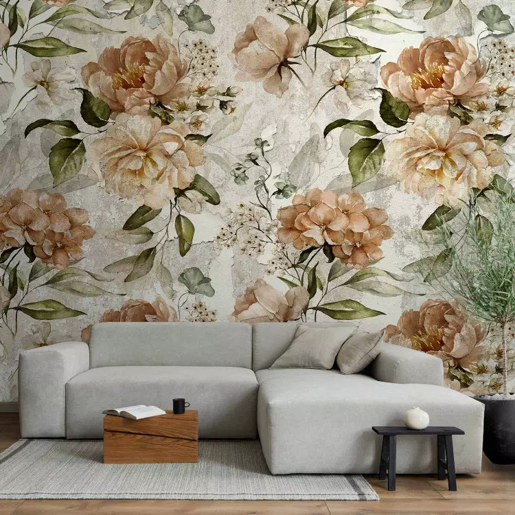 Wall Mural Plants in retro style - flower motif in shades of pink on a light background
