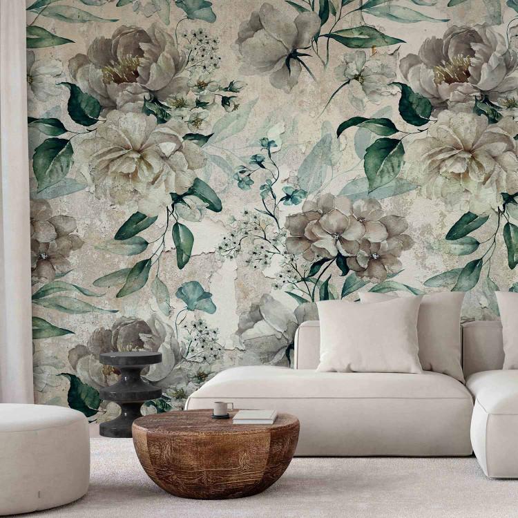 Wall Mural Plants in retro style - flowers in shades of green on a light background