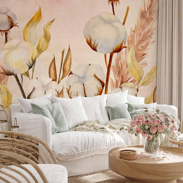 Wall Mural Landscape - nature motif with cotton flowers on a background in shades of pink