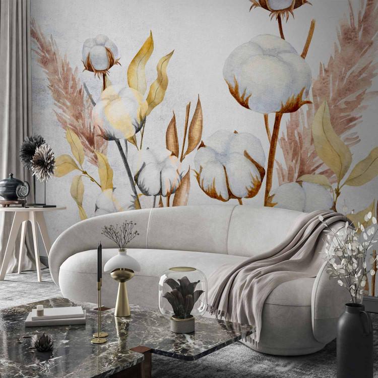 Wall Mural Boho motif - painted leaves and cotton flowers in shades of blue