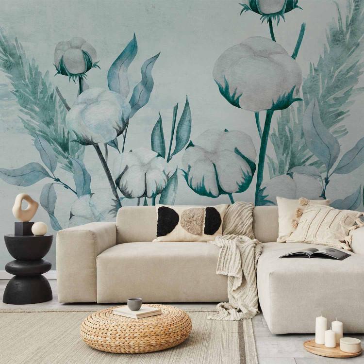 Wall Mural Boho motif - painted leaves and cotton flowers in shades of blue