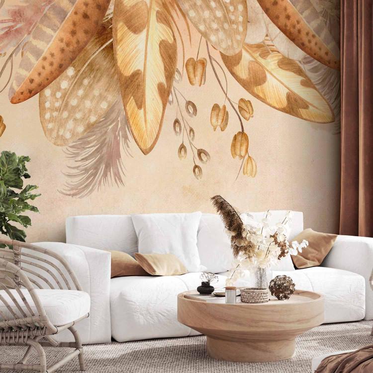 Wall Mural Down and leaves in beige - feather and dried leaves motif in vintage style