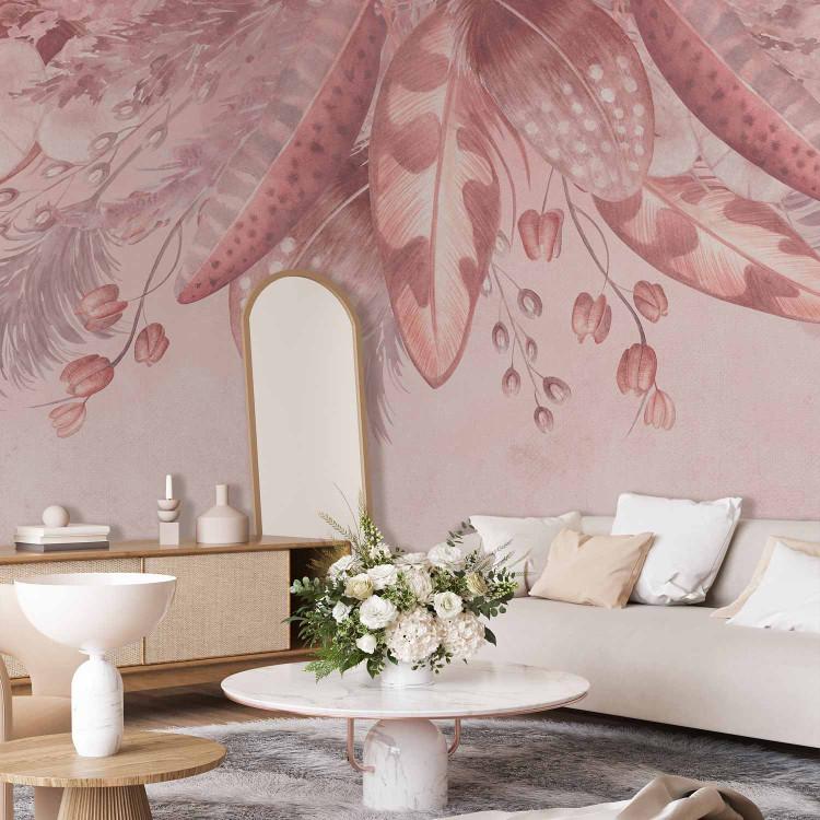 Wall Mural Down and leaves in pink - feather and dried leaves motif in vintage style