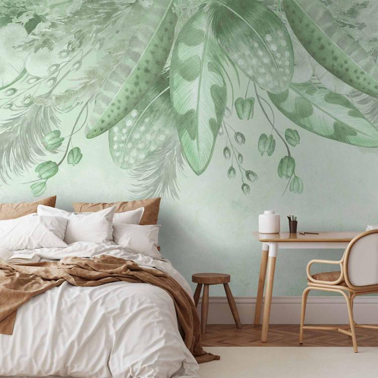 Wall Mural Down and leaves in green - feathers and dried leaves motif in vintage style