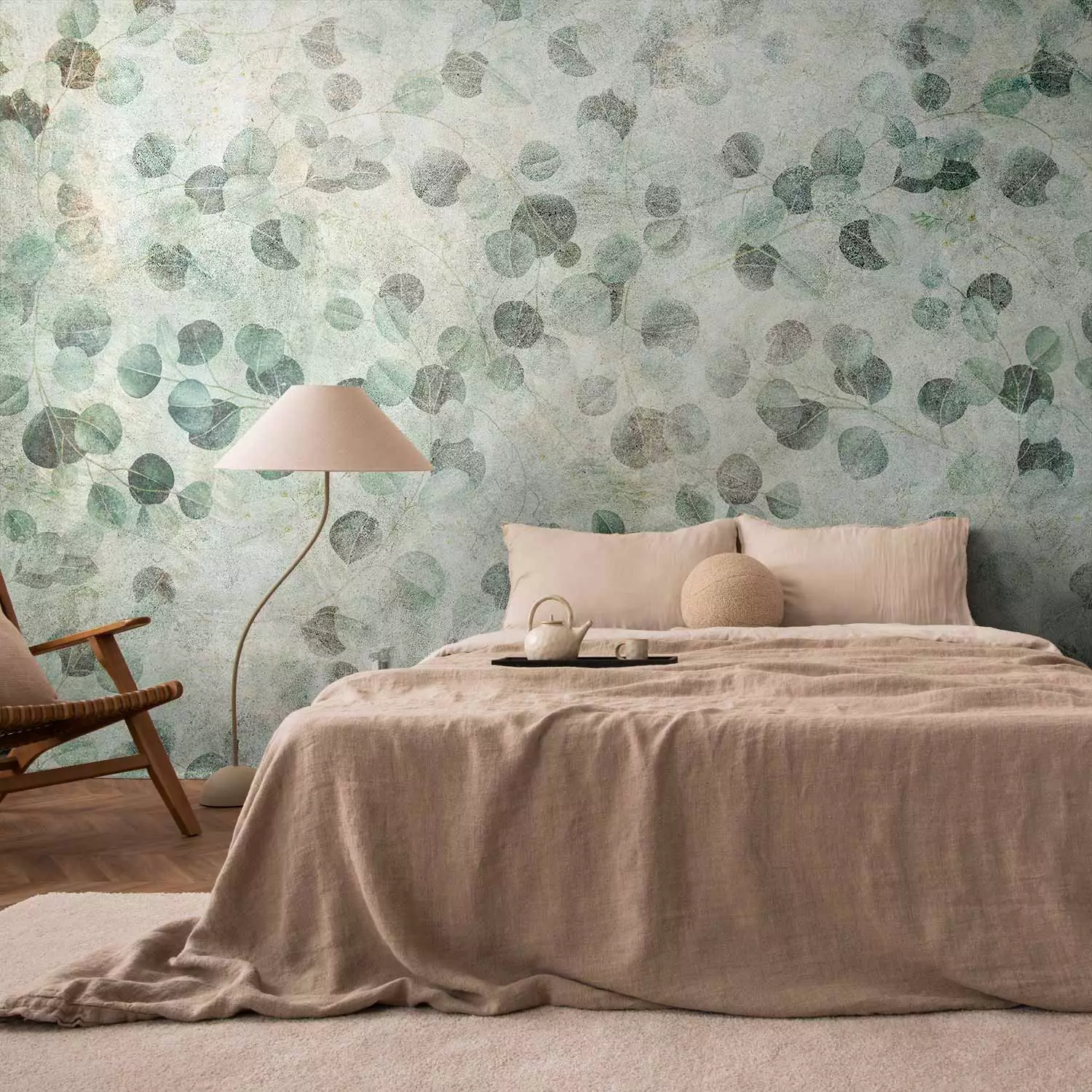 Wall Mural Plant dance - delicate leaves in green on a concrete-textured background