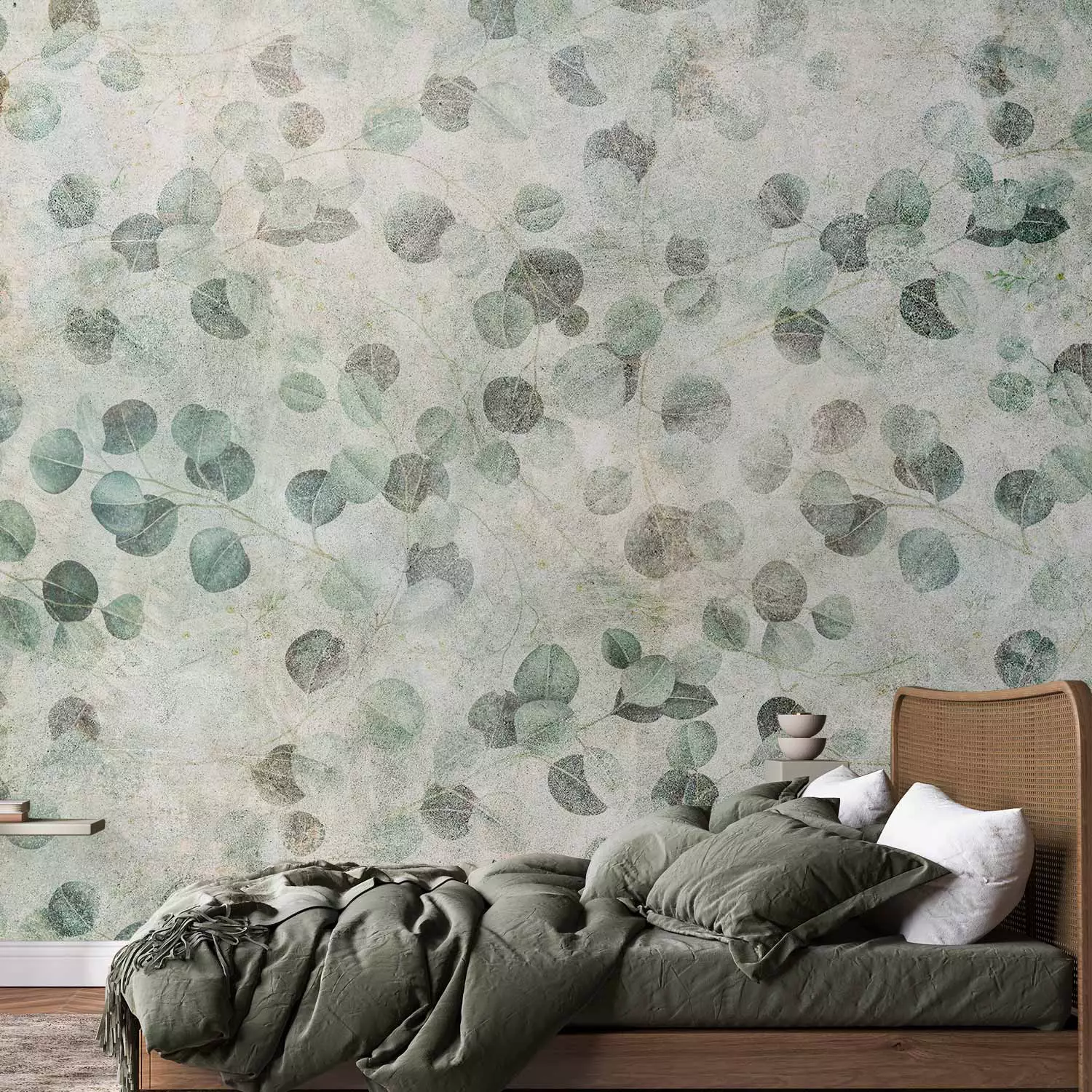 Wall Mural Plant dance - delicate leaves in green on a concrete-textured background