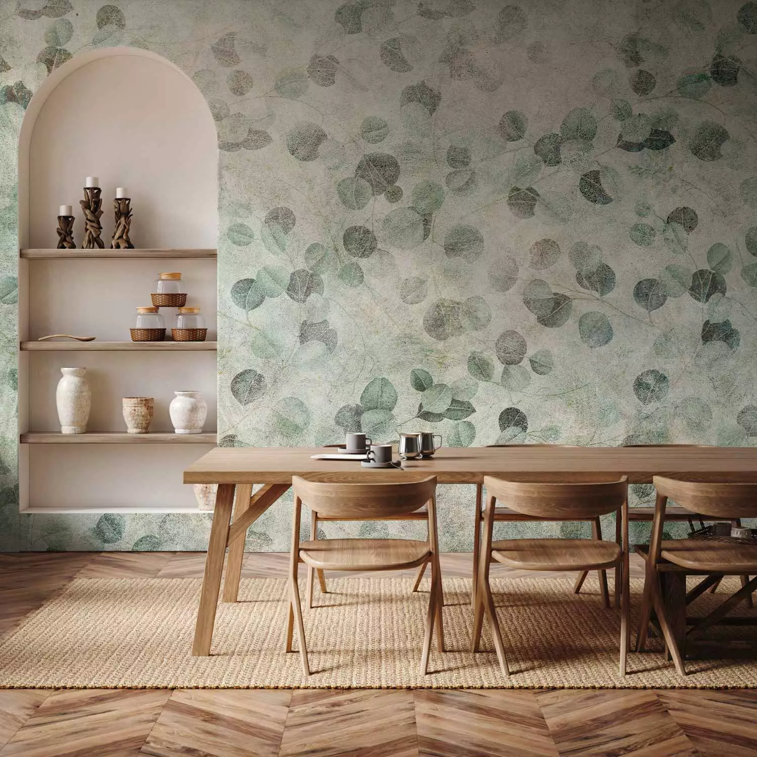 Wall Mural Plant dance - delicate leaves in green on a concrete-textured background