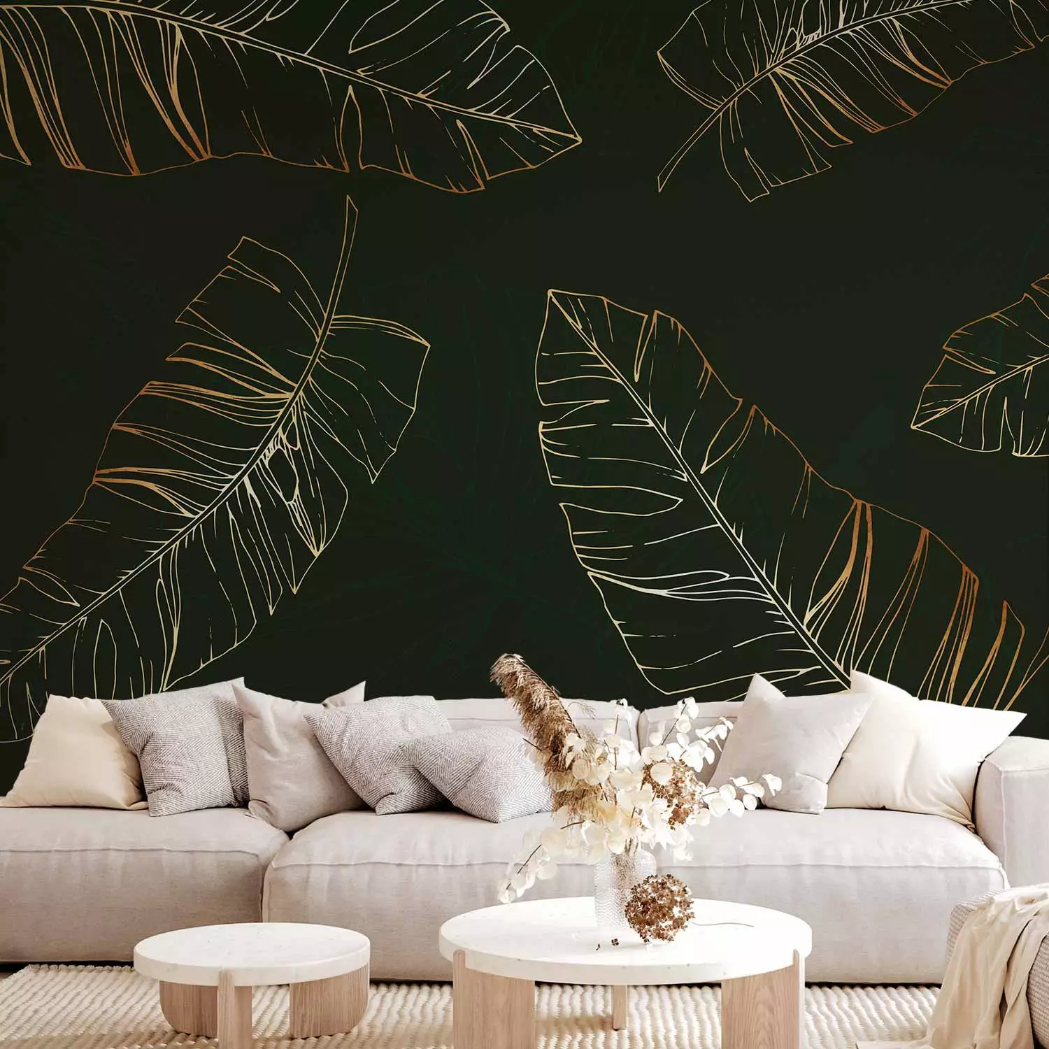 Photo Wallpaper Nature's twitches - gold outline of exotic leaves on dark green background