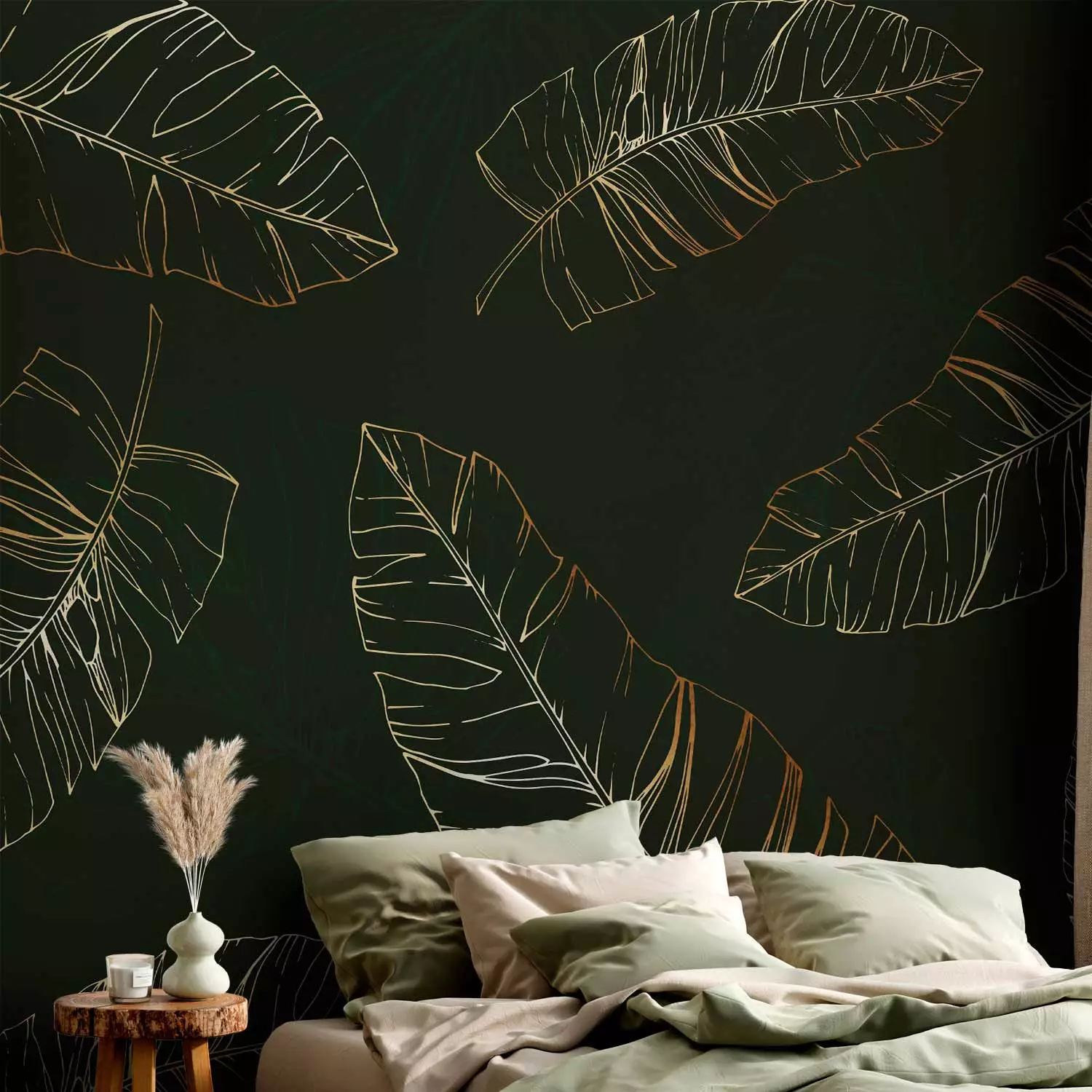 Photo Wallpaper Nature's twitches - gold outline of exotic leaves on dark green background