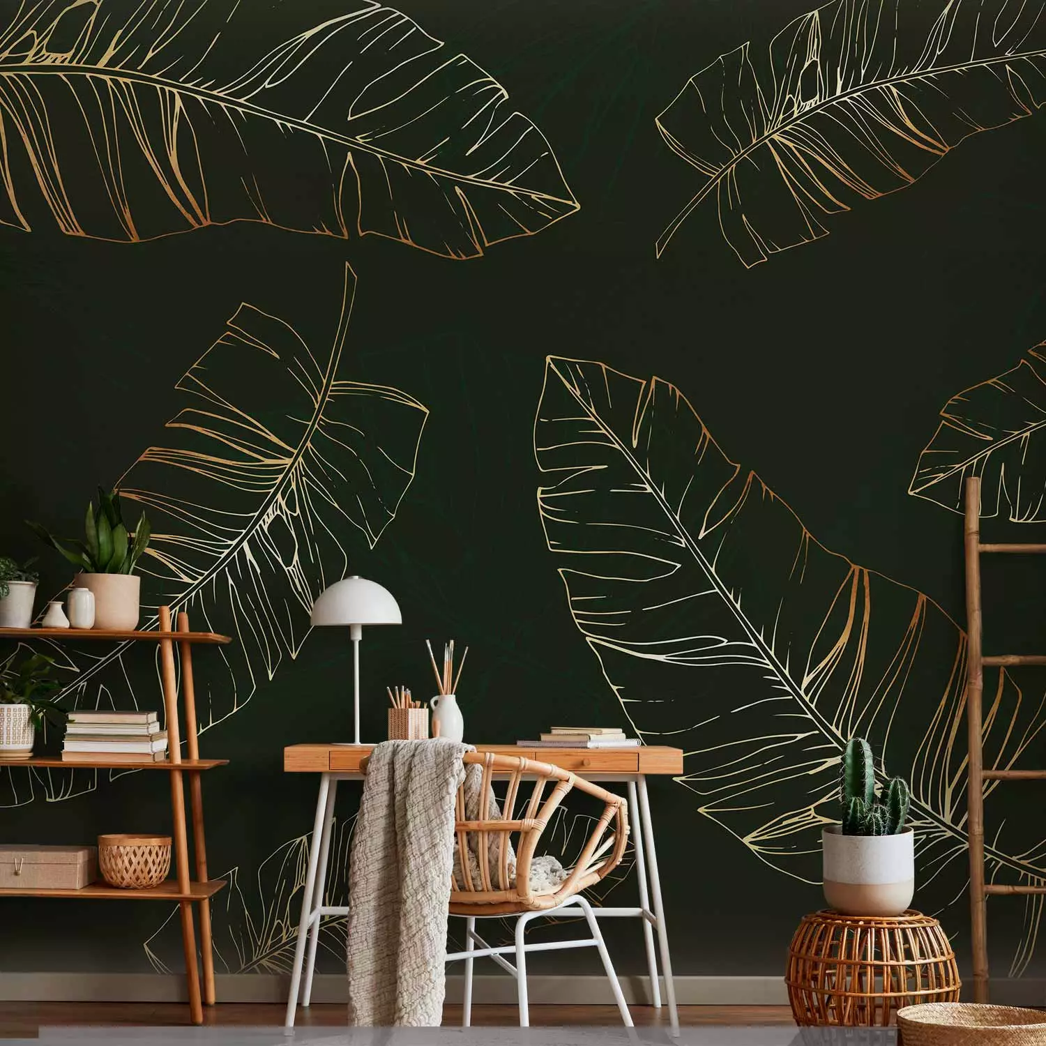 Photo Wallpaper Nature's twitches - gold outline of exotic leaves on dark green background