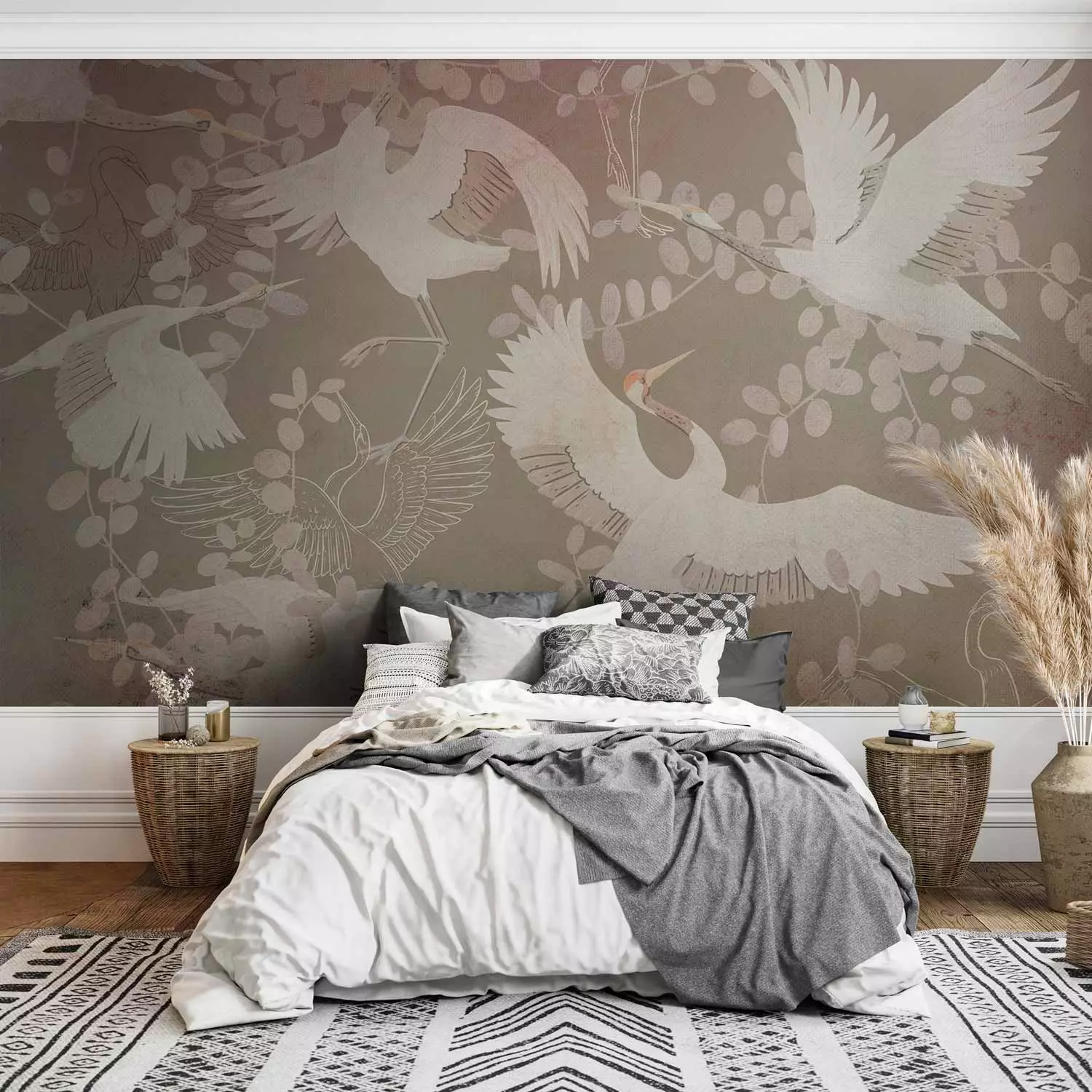 Wall Mural Dancing animals - birds motif among leaves on a dark background with pink