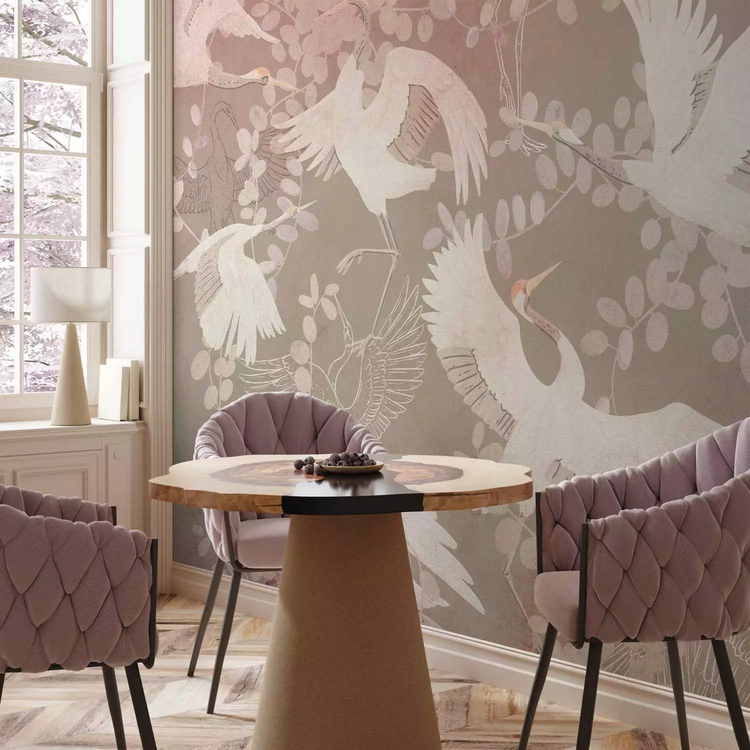 Wall Mural Dancing animals - birds motif among leaves on a dark background with pink