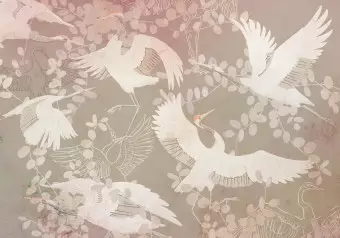 Wall Mural Dancing animals - birds motif among leaves on a dark background with pink Wallpaper Cropper