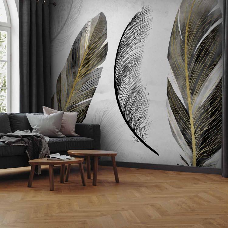 Wall Mural Boho in the wind - feather motif with gold elements in a vintage style