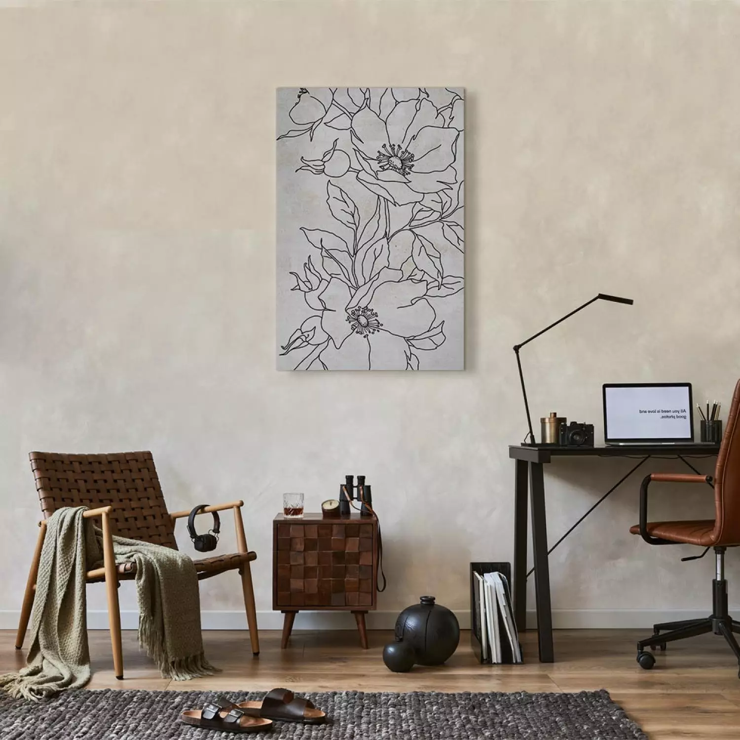 Canvas Print Charcoal Sketches - black and white line art in delicate flowers