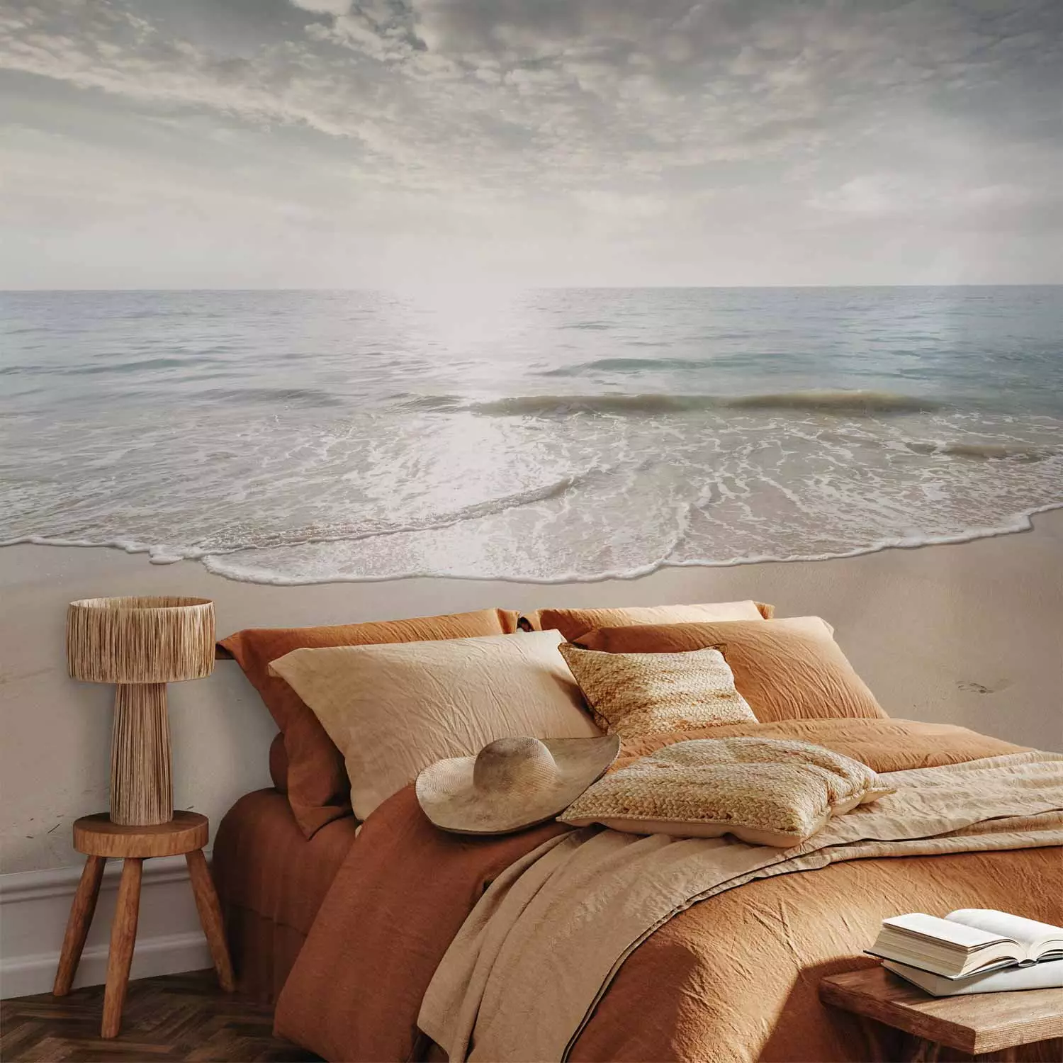 Wall Mural Sand and sun - landscape with calm sea and beach with footprints