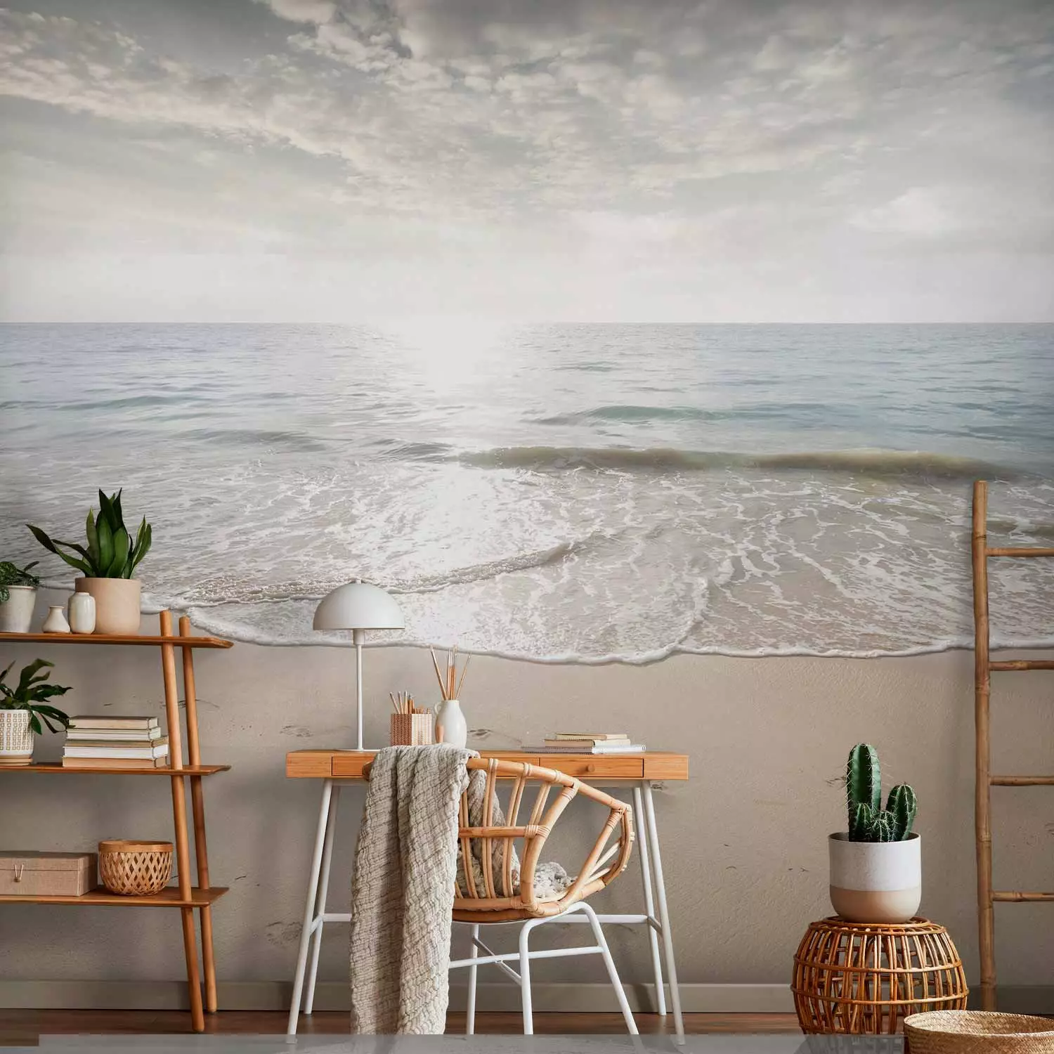 Wall Mural Sand and sun - landscape with calm sea and beach with footprints