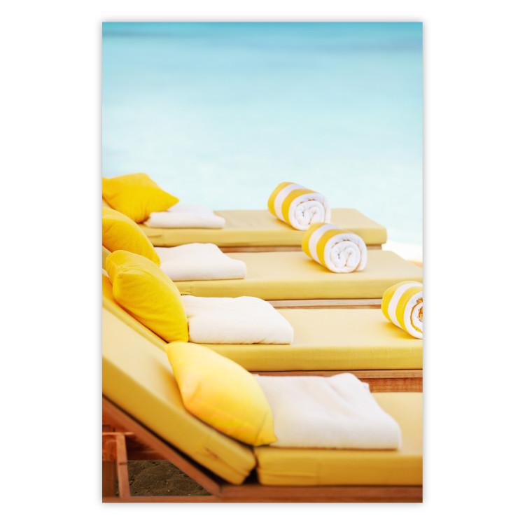 Poster Summer at the Seaside - Yellow Sun Loungers on the Beach Lit by the Holiday Sun