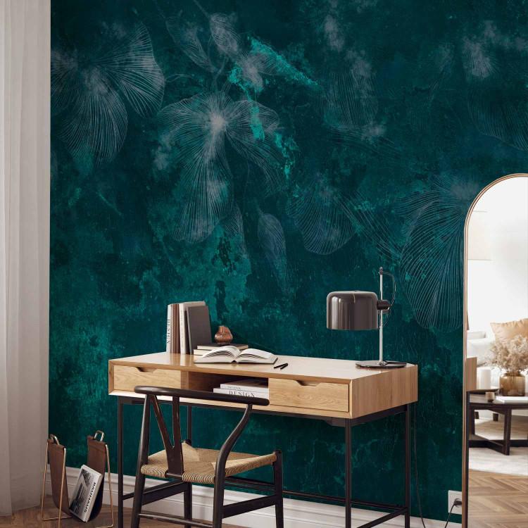 Wall Mural Ephemeral flowers - lineart style composition on malachite background
