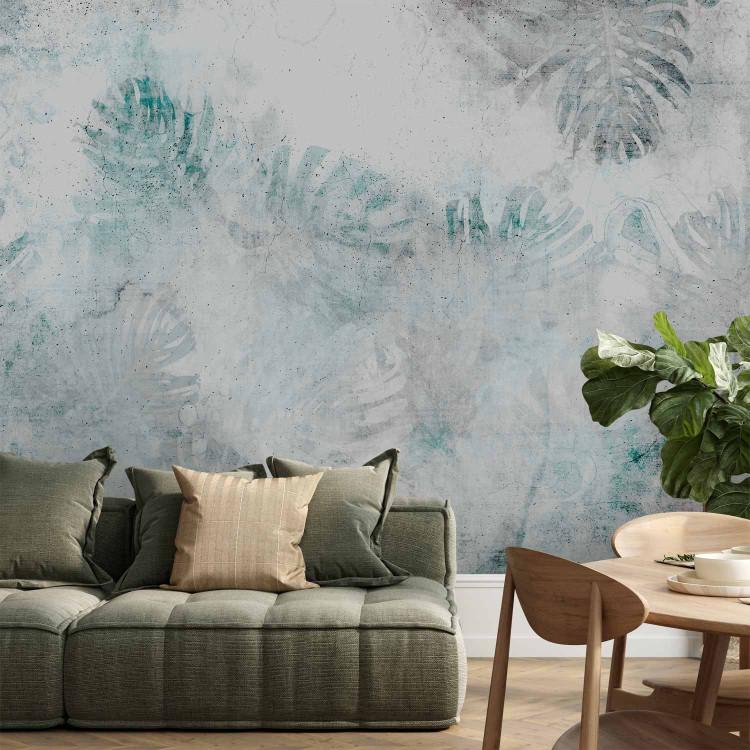 Wall Mural Big Monstera - Large Leaves on a Concrete Background - Blue