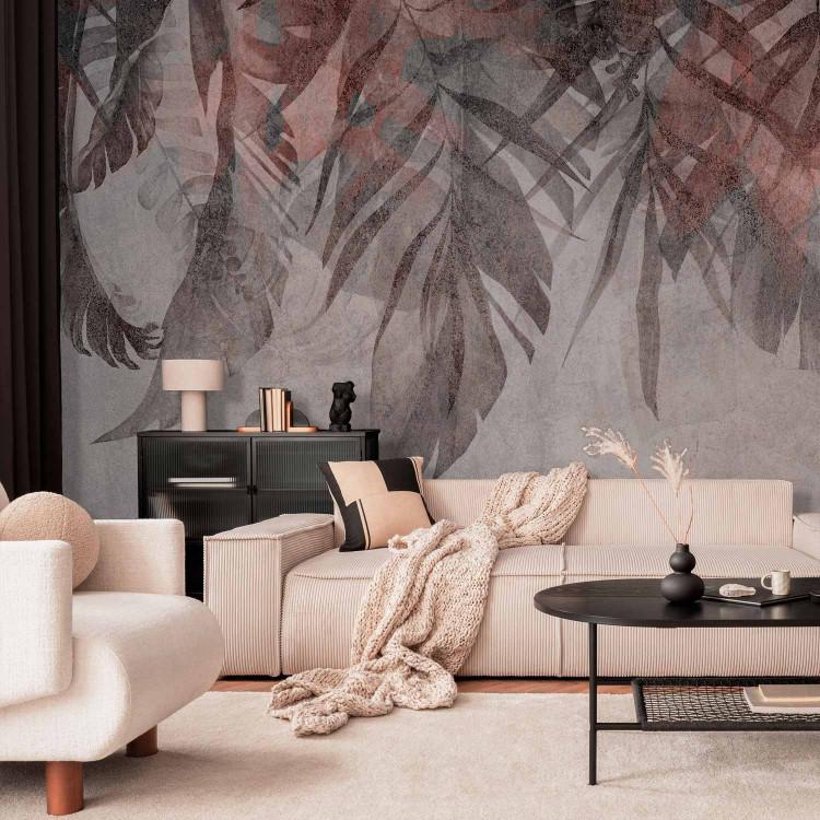 Wall Mural Curtain of plants - grey landscape with a composition of leaves with pink accent
